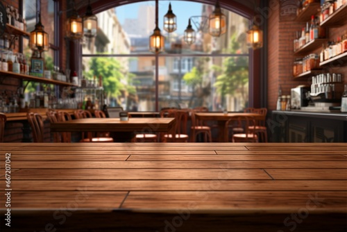 A brown table with a charming coffee shop in the backdrop