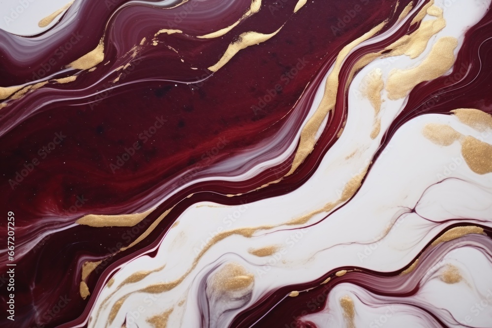 The Art of Suminagashi. Very nice maroon and white paint with gold line. Golden swirl, artistic design. The style includes swirls of marble or ripples of agate. Elegant composition. The Art of Suminagashi. Very nice maroon and white paint with gold line. Golden swirl, artistic design. The style includes swirls of marble or ripples of agate. Elegant composition.