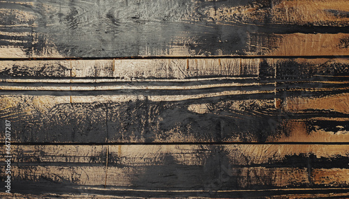 vecchia e rustica superficie realizzata in liste di legno verniciato nero e oro, vista da sopra photo