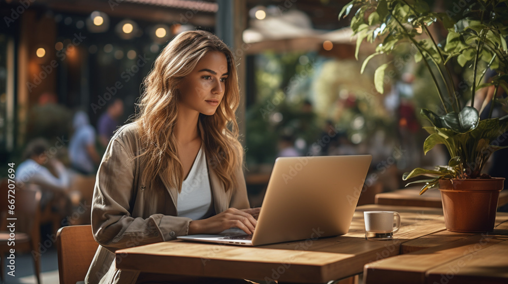 Female freelancer using laptop at Coffee shop, young woman browsing internet, chatting, blogging Female freelancer using laptop at Coffee shop, young woman browsing internet, chatting, blogging