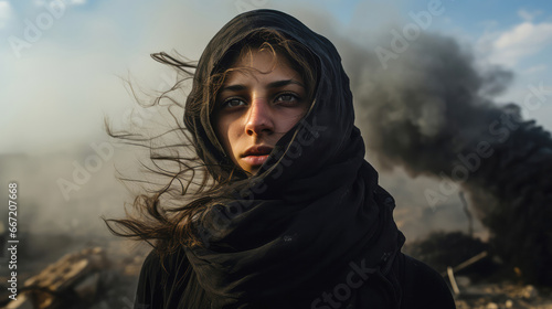 Arab woman with Hijab with war background