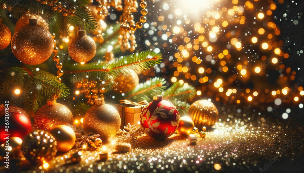 Festive New Year or Christmas scene with golden sparkling decorations and gifts near the Christmas tree Festive New Year or Christmas scene with golden sparkling decorations and gifts near the Christmas tree