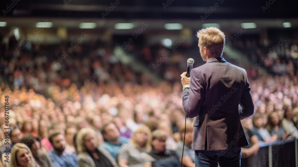 Back view of motivational speaker standing on stage in front of audience for motivation speech on conference or business event.