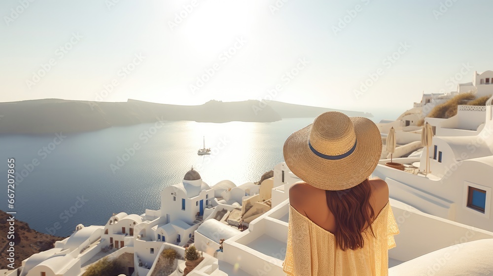 Fototapeta premium A traveler woman with white dress looking Oia, Santorini.