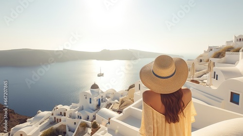 A traveler woman with white dress looking Oia, Santorini. photo