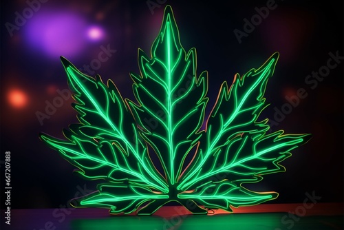 A green neon cannabis leaf logo creates a vibrant brand identity
