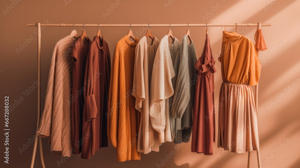 Elegant clothes hanging on the clothes rack. In a simple minimalist style