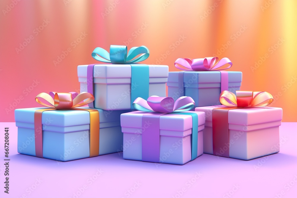 Obraz premium Bright gift boxes with ribbons on a pink-orange background.