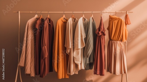 Elegant clothes hanging on the clothes rack. In a simple minimalist style