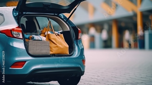 shopping bags and supplies needs in family car trunk at a shopping mall parking with copy space area