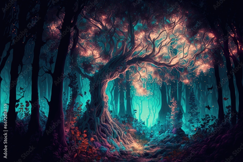 Mystical enchanted forest illuminated by glowing lights in the night