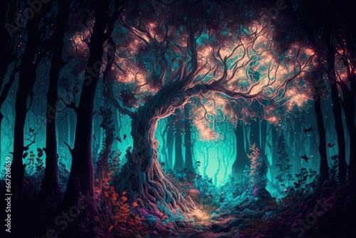 Mystical enchanted forest illuminated by glowing lights in the night