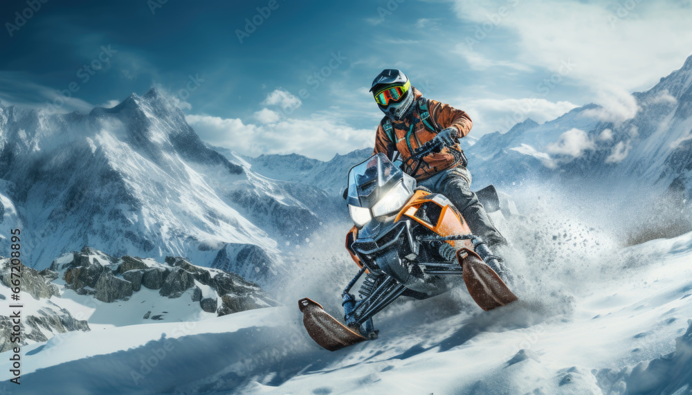 Man rides a snowmobile in the snowy mountains. Outdoor winter recreational lifestyle adventure and sport activity.