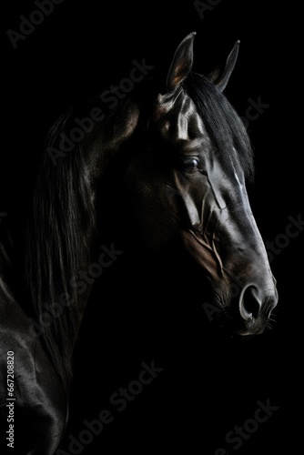 Black horse with long mane. Portrait close up.