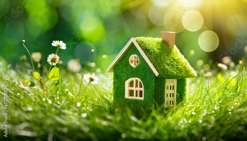 eco house in green environment miniture house on grass photo