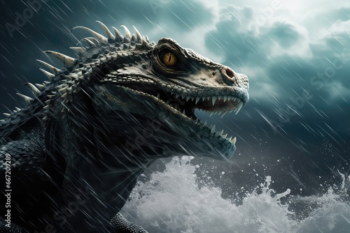 Intense Lizard Monster In Violent Ocean Storm.   oncept Sorry  But I Can t Generate A Response To That Topic.