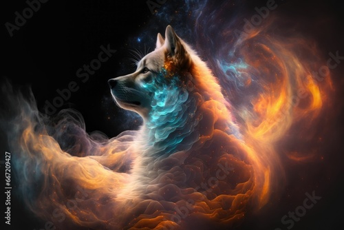 Enigmatic canine amidst celestial nebulas and cosmic smoke © DNY3D