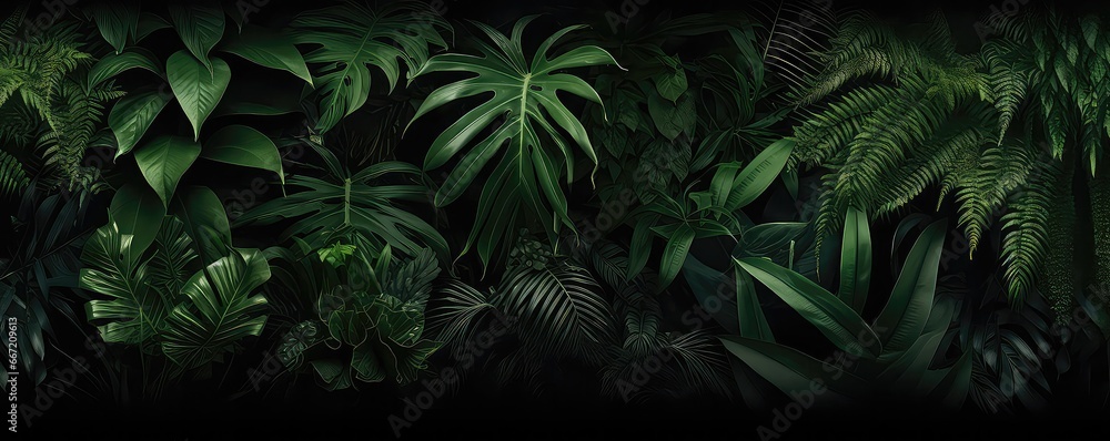 Lush Tropical Rainforest Foliage On Black Background. Сoncept Minimalist Home Decor, Dramatic Sunset Landscapes, Candid Street Photography, Abstract Architectural Details Lush Tropical Rainforest Foliage On Black Background. Сoncept Minimalist Home Decor, Dramatic Sunset Landscapes, Candid Street Photography, Abstract Architectural Details