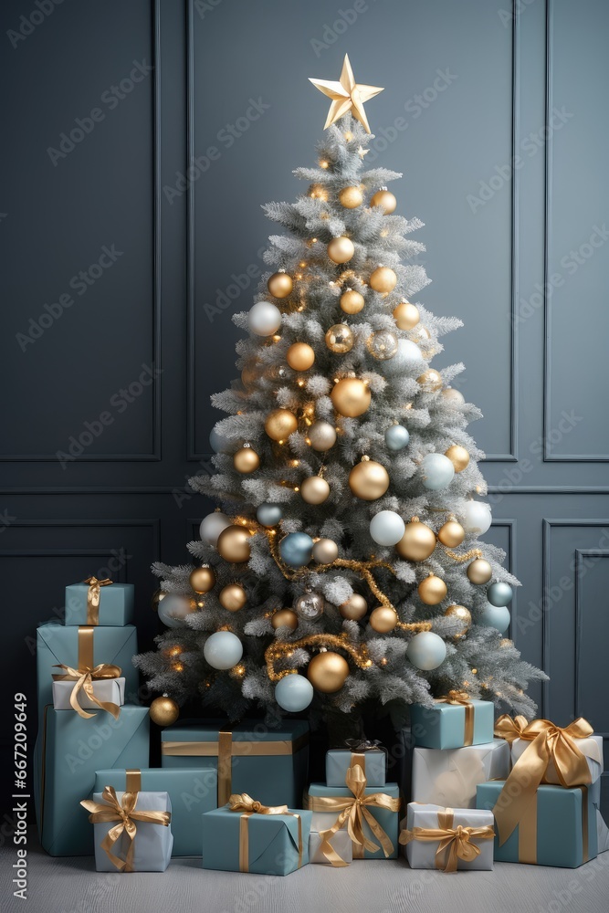 Lots of gifts around a decorated Christmas tree. New Year's background in Scandinavian style, Christmas tree decorations. copy space.