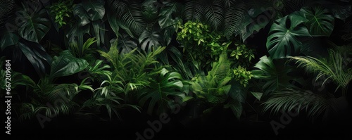 Lush Tropical Rainforest Foliage On Black Background
