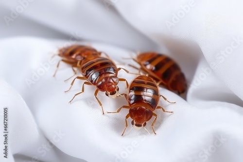 Macro Shot Of Bed Bugs On White Cloth © Anastasiia