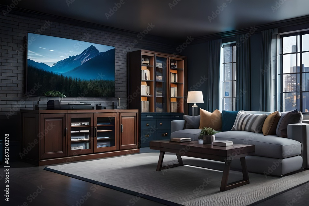 Screen of a LED Smart TV on a curbstone in an interior setting. Generative AI Screen of a LED Smart TV on a curbstone in an interior setting. Generative AI