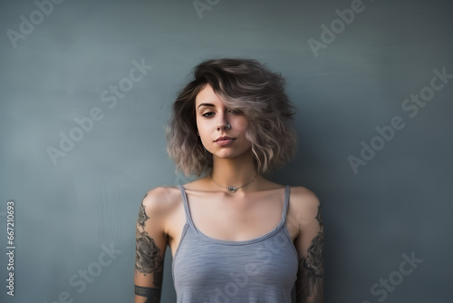 Young, pretty thoughtful girl, beauty, female model with short dyed hair, beautiful face, healthy skin and tattoos, looking at the camera, isolated on a beige background. Close-up headshot portrait.