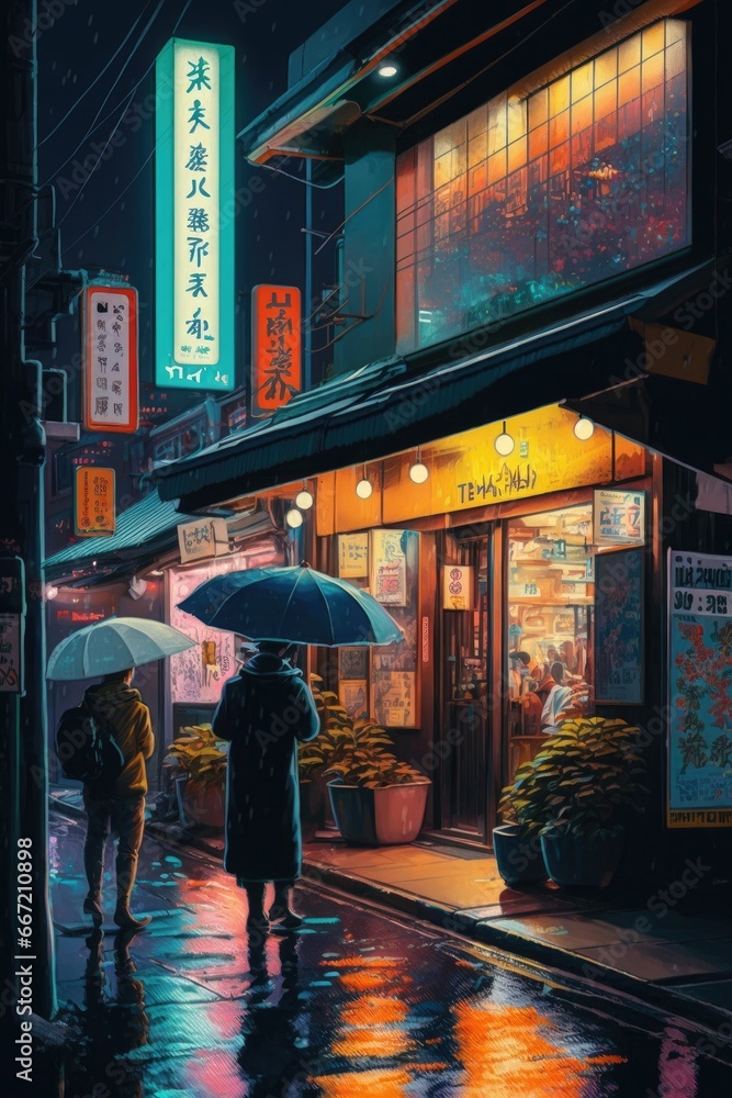 Energetic urban nightlife: a vibrant japanese cityscape in paint