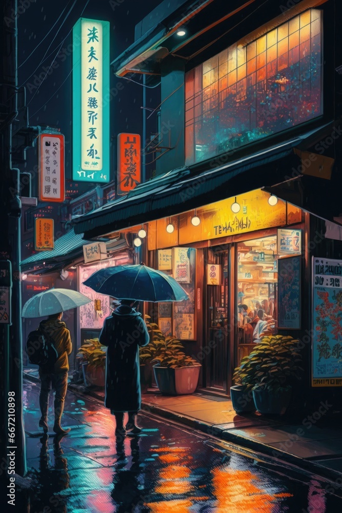 Energetic urban nightlife: a vibrant japanese cityscape in paint Energetic urban nightlife: a vibrant japanese cityscape in paint