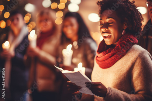 Christmas Caroling - Group of people, holding candles and songbooks, singing with cheerful expressions - AI Generated photo