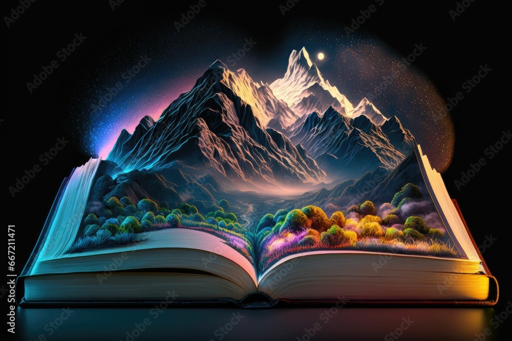 Enchanted fairy tale pop-up book revealing colorful mountain landscape