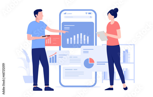 People working with analytics and data - Man and woman analysing business financial diagram and chart on big mobile phone screen. Flat design vector illustration with white background