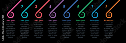 eight options informational template on black background. web, annual report, internet infographic template. business information template