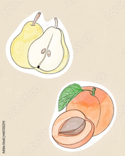 Delicious pear fruit and apricot flat illustration design. Printable pear sti...