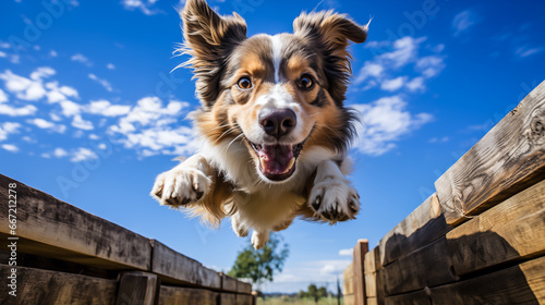 Portrait of border collie dog jumping over fence in summer day. 