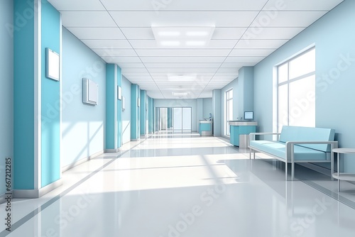 Modern Hospital Corridor With Waiting Area And Beds. Сoncept Modern Hospital Corridor, Waiting Area, Hospital Beds, Medical Equipment, Clinical Environment © Anastasiia