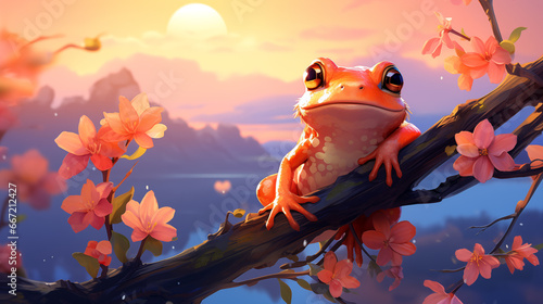 3d render of yellow frog sitting on a branch with blooming flowers. 