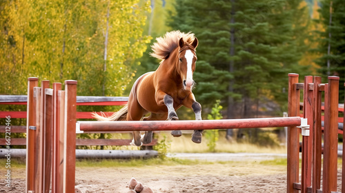 Portrait of a horse jumping over obstacles in an equestrian center. 
