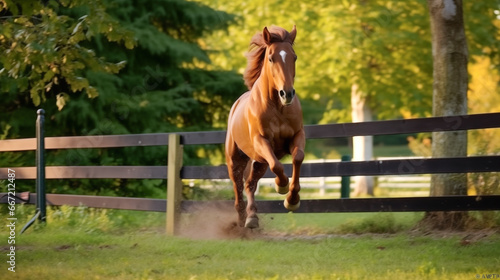 Beautiful bay horse running in the paddock. Motion blur.