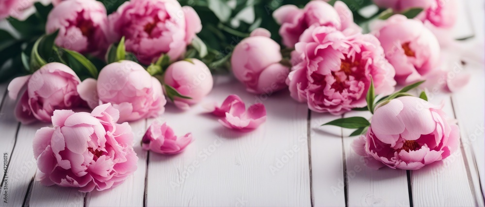 Pink flowers peonies on a white wooden background Pink flowers peonies on a white wooden background
