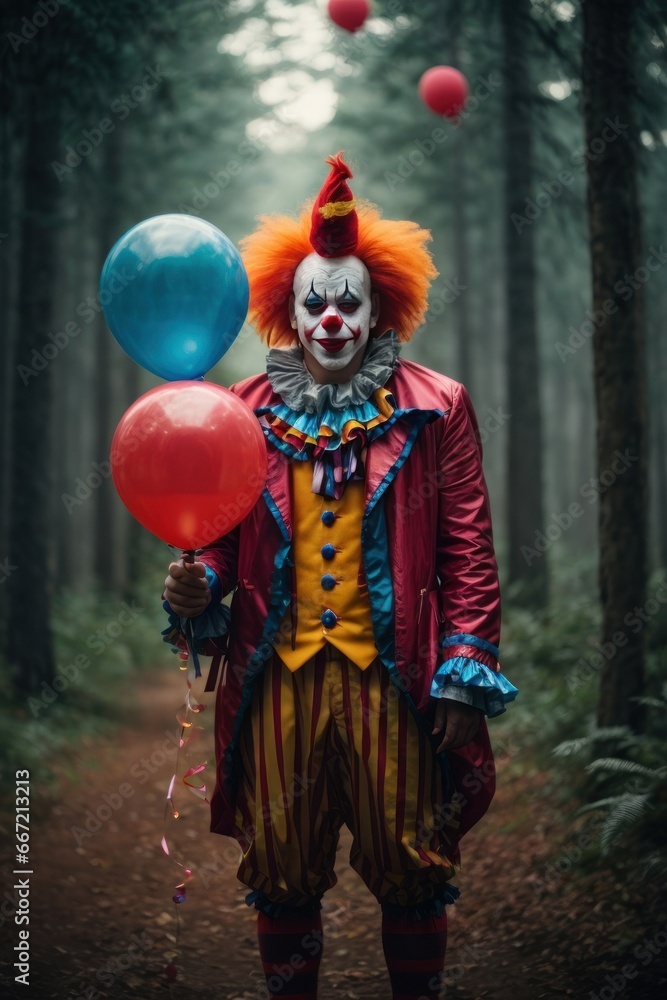Forest Nightmare: Spooky Clown with Balloon
