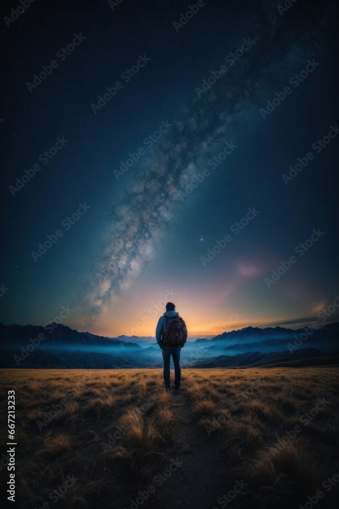 Strolling Person with the Milky Way Above the Mountain Peaks