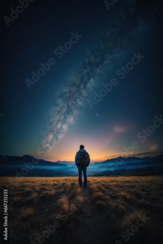 Strolling Person with the Milky Way Above the Mountain Peaks