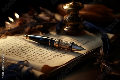 Fotografie, Obraz Antique quill scribes elegant calligraphy onto aged parchment, a timeless art
