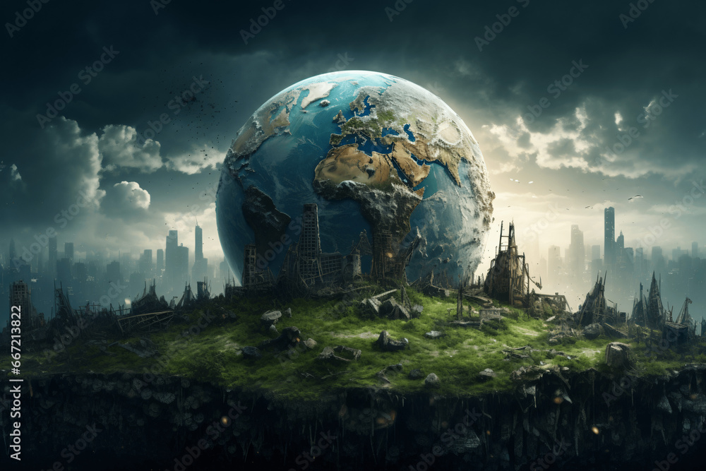 Planet Earth in the middle of a destroyed city. Concept of climate change. Generative IA Planet Earth in the middle of a destroyed city. Concept of climate change. Generative IA