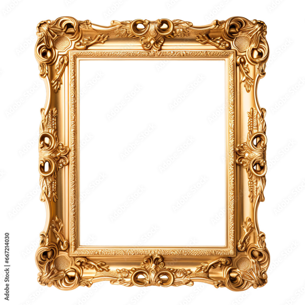 Vintage gold picture frame, vertical rectangle picture frame isolated on transparent background