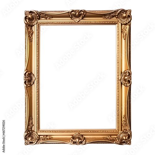 Ancient antique gold picture frame, vertical rectangle picture frame isolated on transparent background © Chamli_Pr