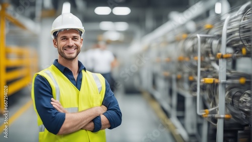 Portrait of a happy european factory worker wearing hard hat and work clothes photo