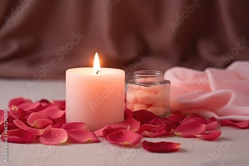 A Candle And Rose Petals