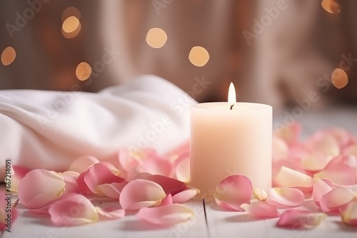 Romantic Setting With Rose Petals And Candlelight